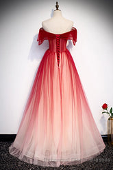Red Off the Shoulder Long Tulle Semi Formal Prom Dress with Beading, Party Gown with Sequins